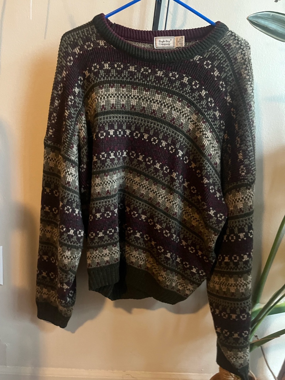 Bugle Boy Maroon & Olive Fair Isle Knit Crewneck